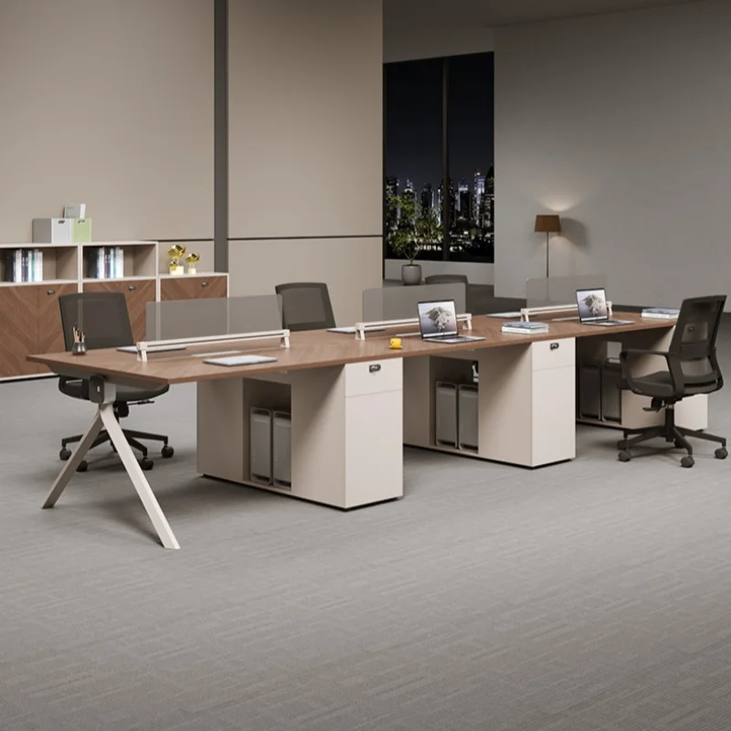 Employee Workstation Desk Minimalist Modern 4-Seat Wood Screen Partition Office Computer Desk Furniture Four-Pair Desk Chair Set