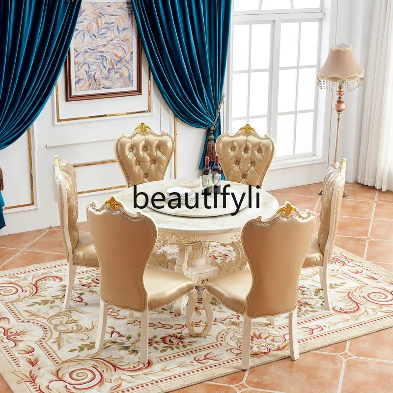 Style Round Solid Wood Dining Table and Chairs with Marble Turntable, Premium American Style Round Table for Home Use