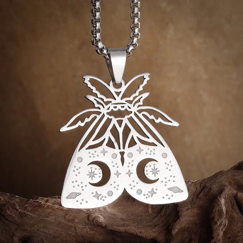 Exquisite Moth, Sun, Moon and Star Totem Hollow Stainless Steel Pendant Necklace for Men and Women Creative Niche Daily Jewelry