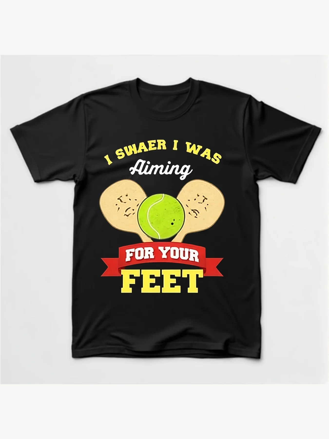 Mens I Swear I Was Aiming For Your Feet Pickleball Graphic T-Shirt | Retro Casual Tee With Humorous Design, Regular Fit Short Sl