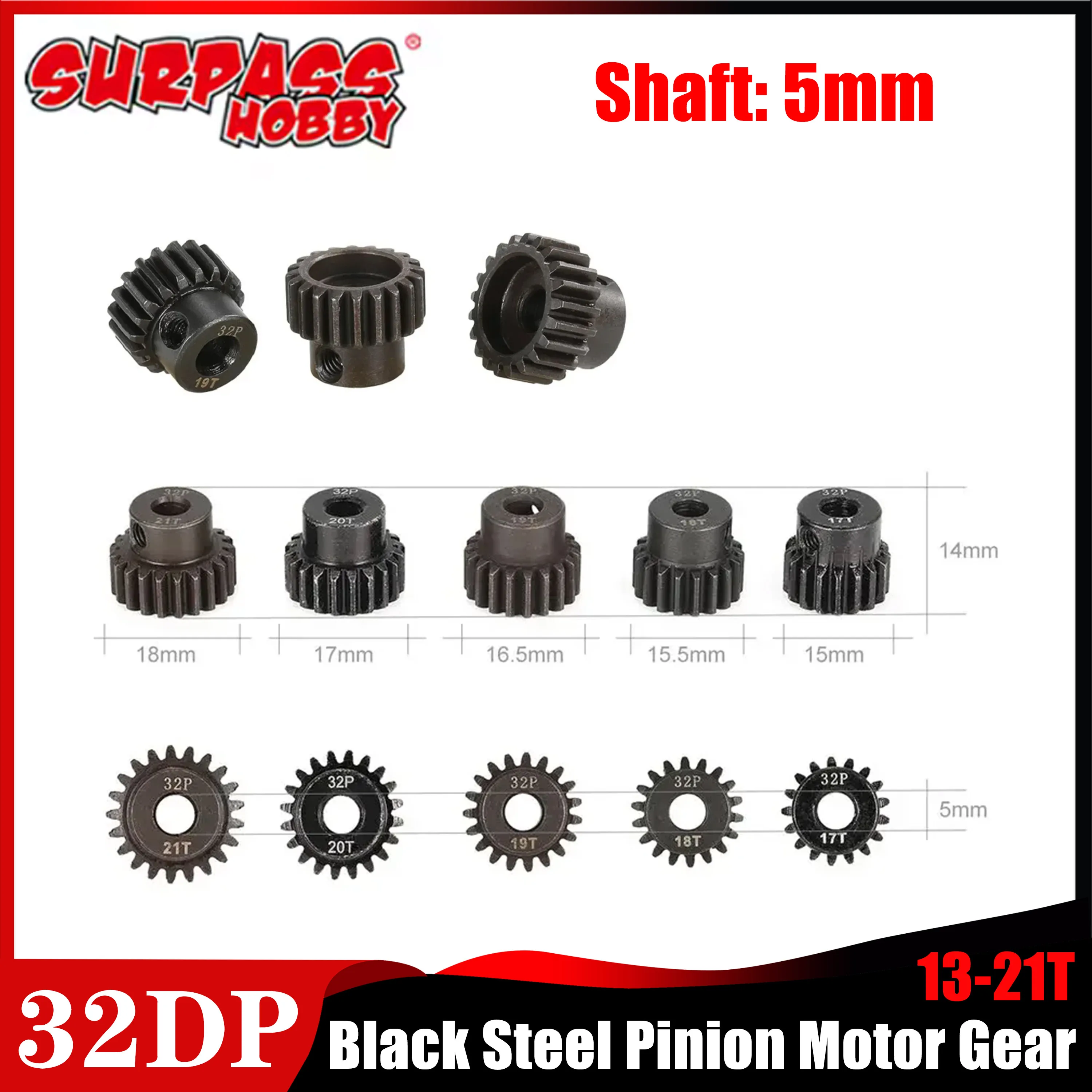 

SURPASS HOBBY 32DP 5mm Shaft Black Steel Pinion Motor Gear 13T 14T 15T 16T 17T 18T 19T 20T 21T for 1/8 1/10 RC Car Wltoys Parts