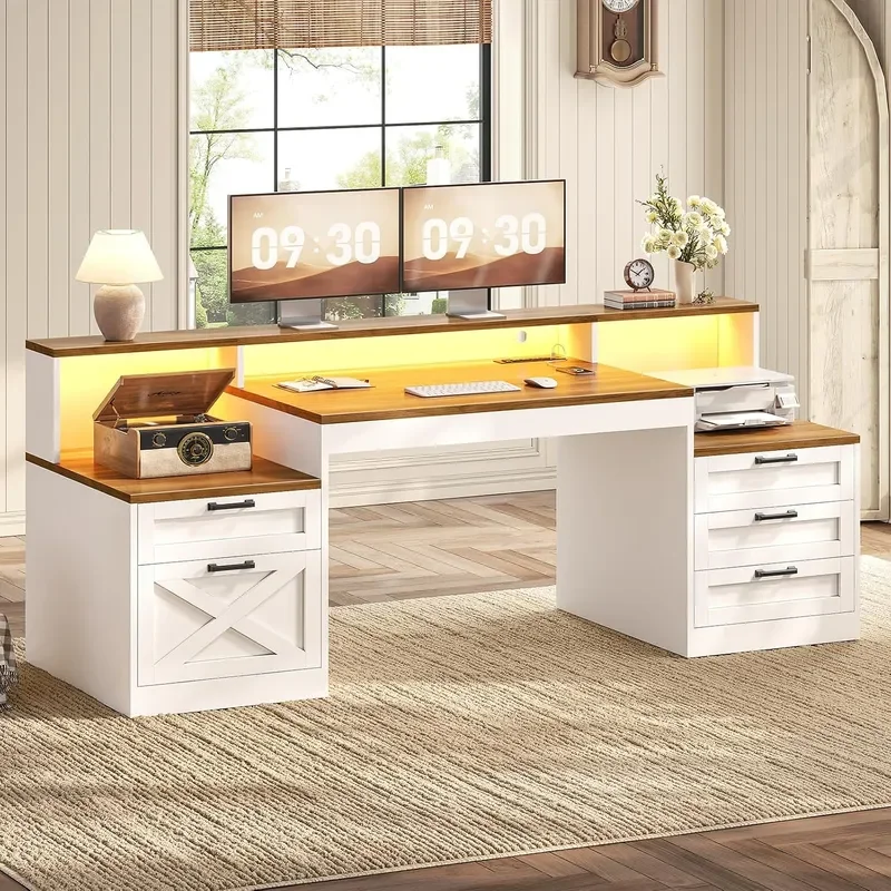 63 Farmhouse Office Desk with 5 Drawers White and Brown