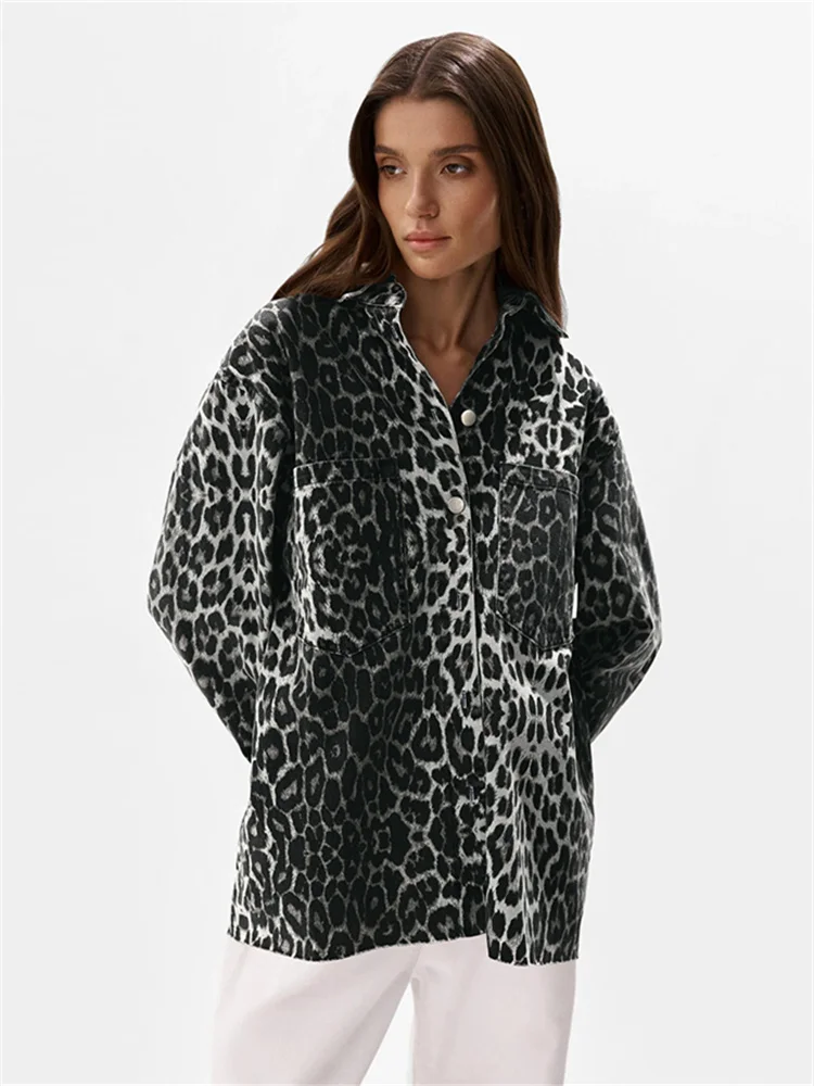 SUNSIREN-Casaco vintage com estampa leopardo para mulheres, outerwear de algodão puro dos anos 90, streetwear extragrande, jaquetas básicas retrô, Y2K, outono, 2024