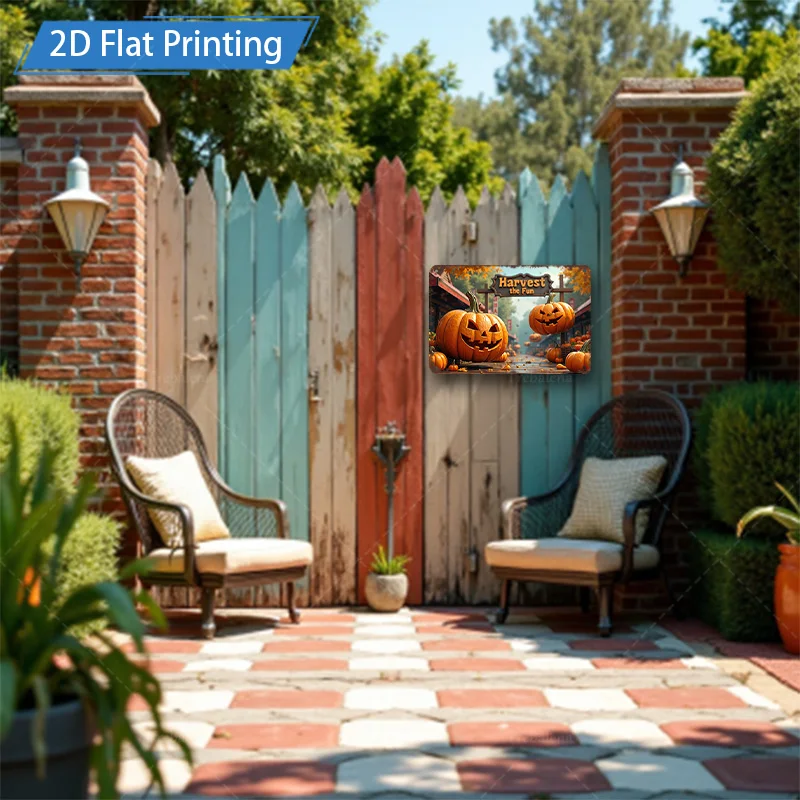 1pc 8x12inch Metal Sign "Harvest Fun Pumpkin Scene Metal Sign - Rustic Farmhouse Decor"