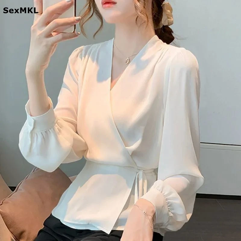 

Elegant V Neck Bandage Chiffon Shirts Women's 2025 Korean Fashion Clothing Long Sleeve Ladies Tops Autumn Winter Office Blouses
