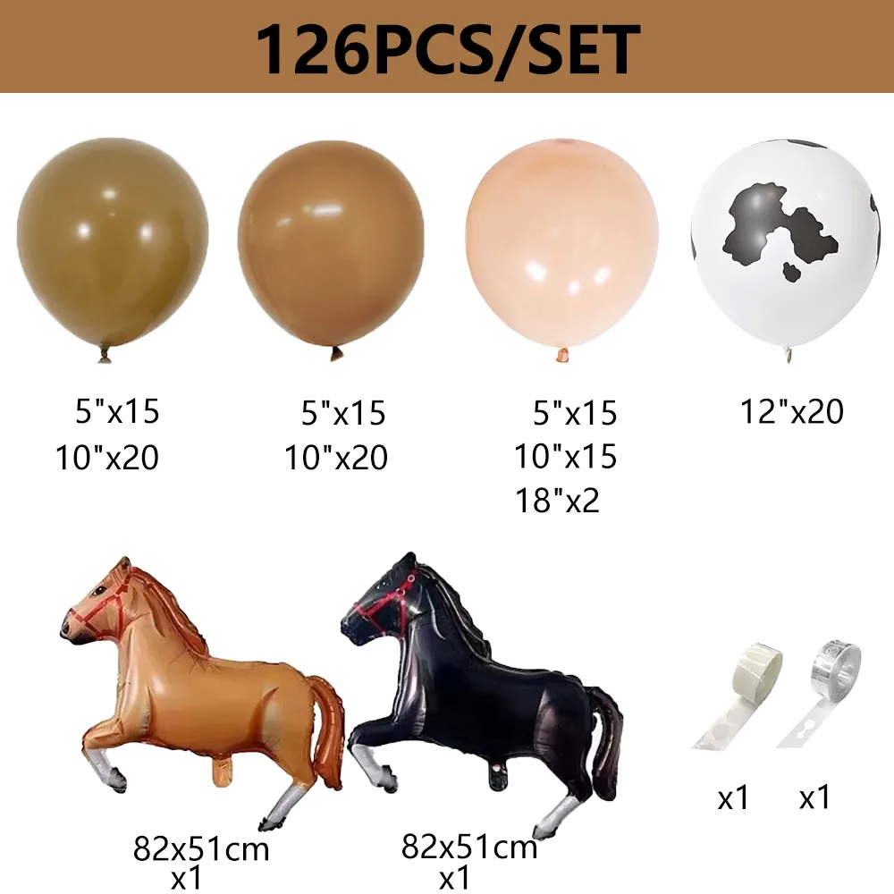 126Pcs Horse Racing Balloon Arch Garland Kit Cow Print Balloon Western Cowboy Party Decor Farm Themed Birthday Baby Shower Decor