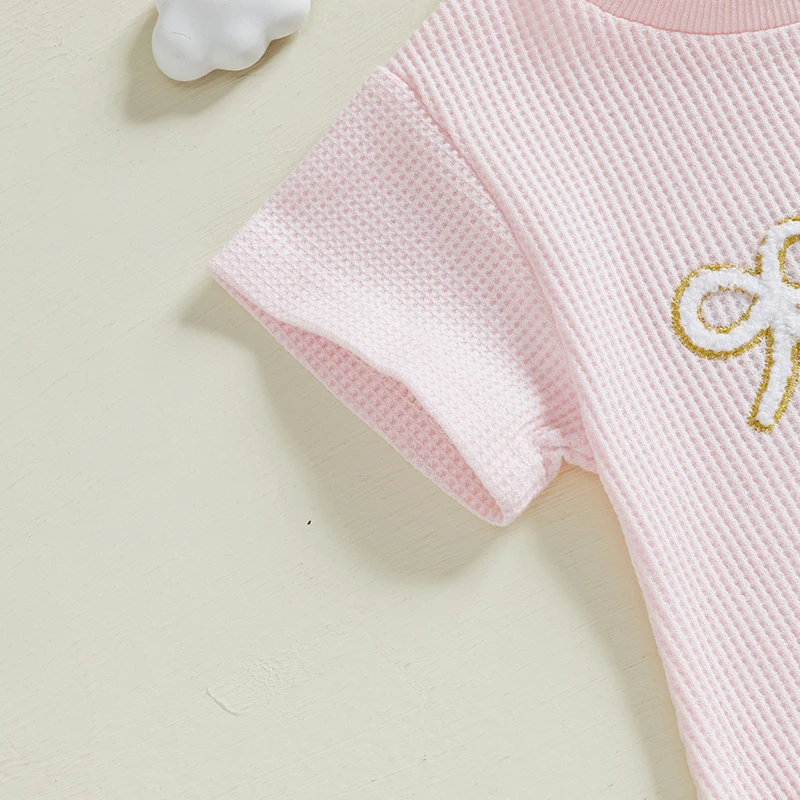 Adorable Toddler Girls Pink Romper with Short Sleeves Round Neckline Bow Embroidery and Sweet Summer Vibes