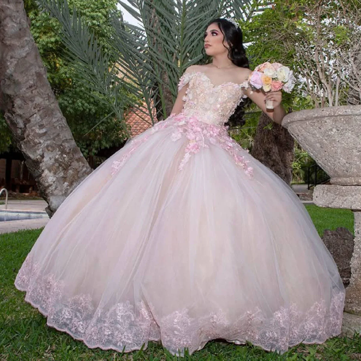 Vestido de renda com capa, Vestido de baile, Flores 3D, Doce 16 vestidos, Rosa, Formal, 15 anos, 2024