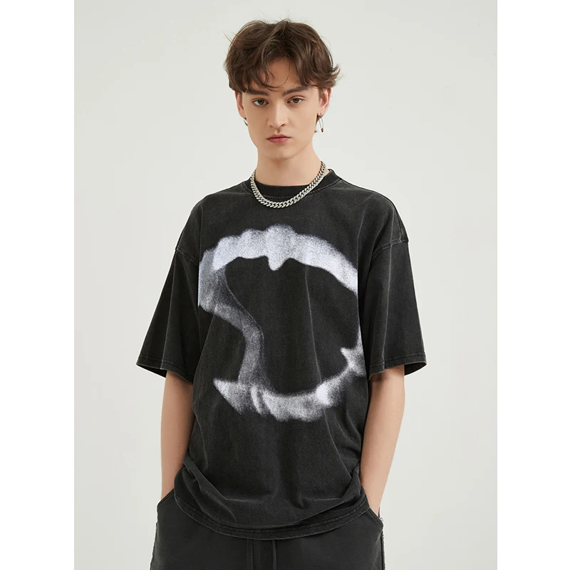 2024 Hip Hop Streetwear Men T-Shirt Oversized Animal Teeth Graphic T Shirt Retro Washed Black Unisex Tshirt Cotton Tops Tees