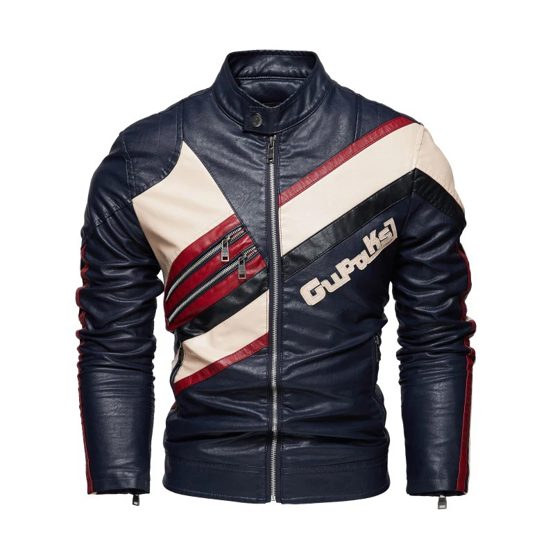 Autumn Winter Men's Fleece Warm PU Leather Jackets Fashion Man Stand Collar Patchwork Streetwear Zipper Leather Jackets Clothing