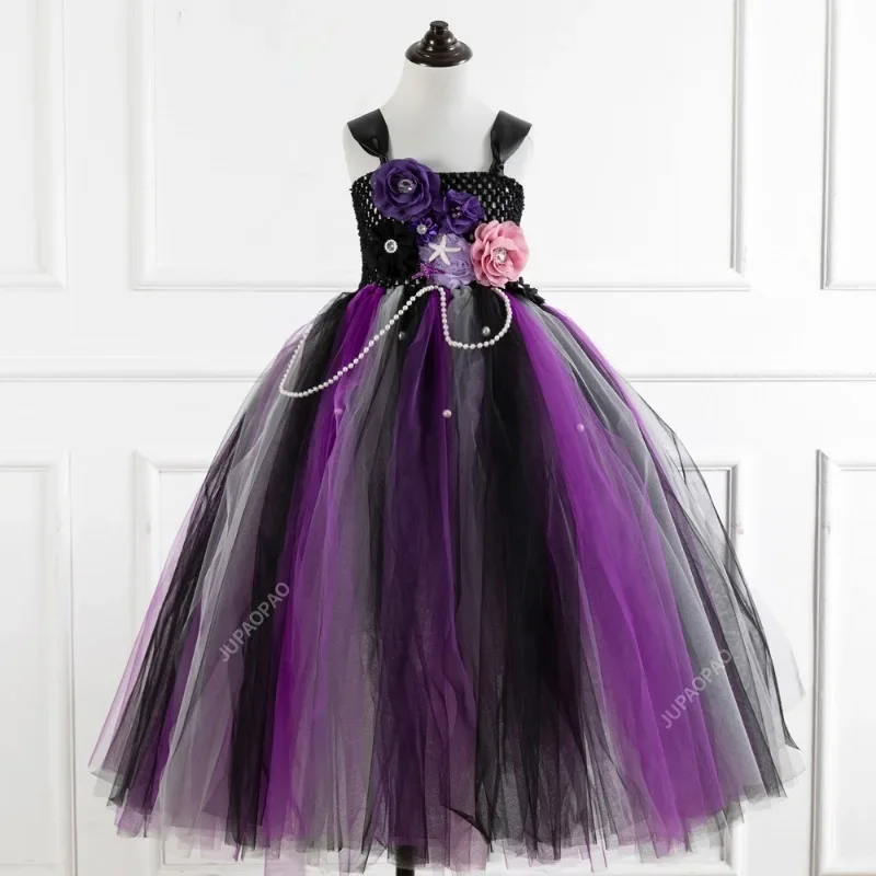 Girls Black Evil Halloween Cosplay Dresses Girls Witch Deluxe Black Glam Tutu Dresses Kids Ball Gown Children\'s Robe Clothing