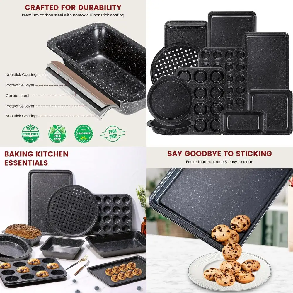 

Nonstick 10-Piece Baking Set: Oven-Safe, Stackable with Cookie Sheets, Muffin, Cake, Pizza, and Loaf Pans in Black