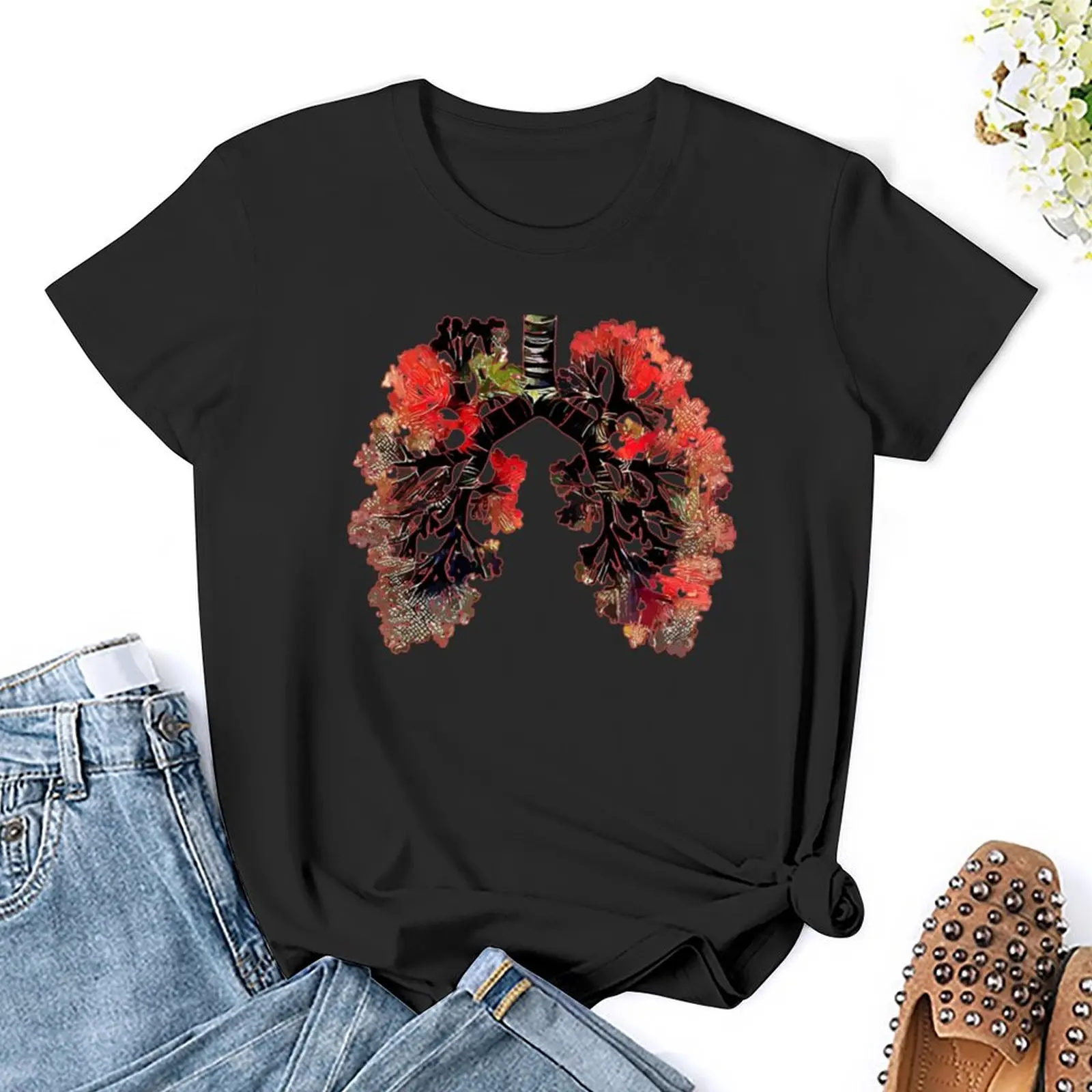 Lungs cancer awareness, red coral human anatomy, watercolor style T-Shirt female white t shirts for Women