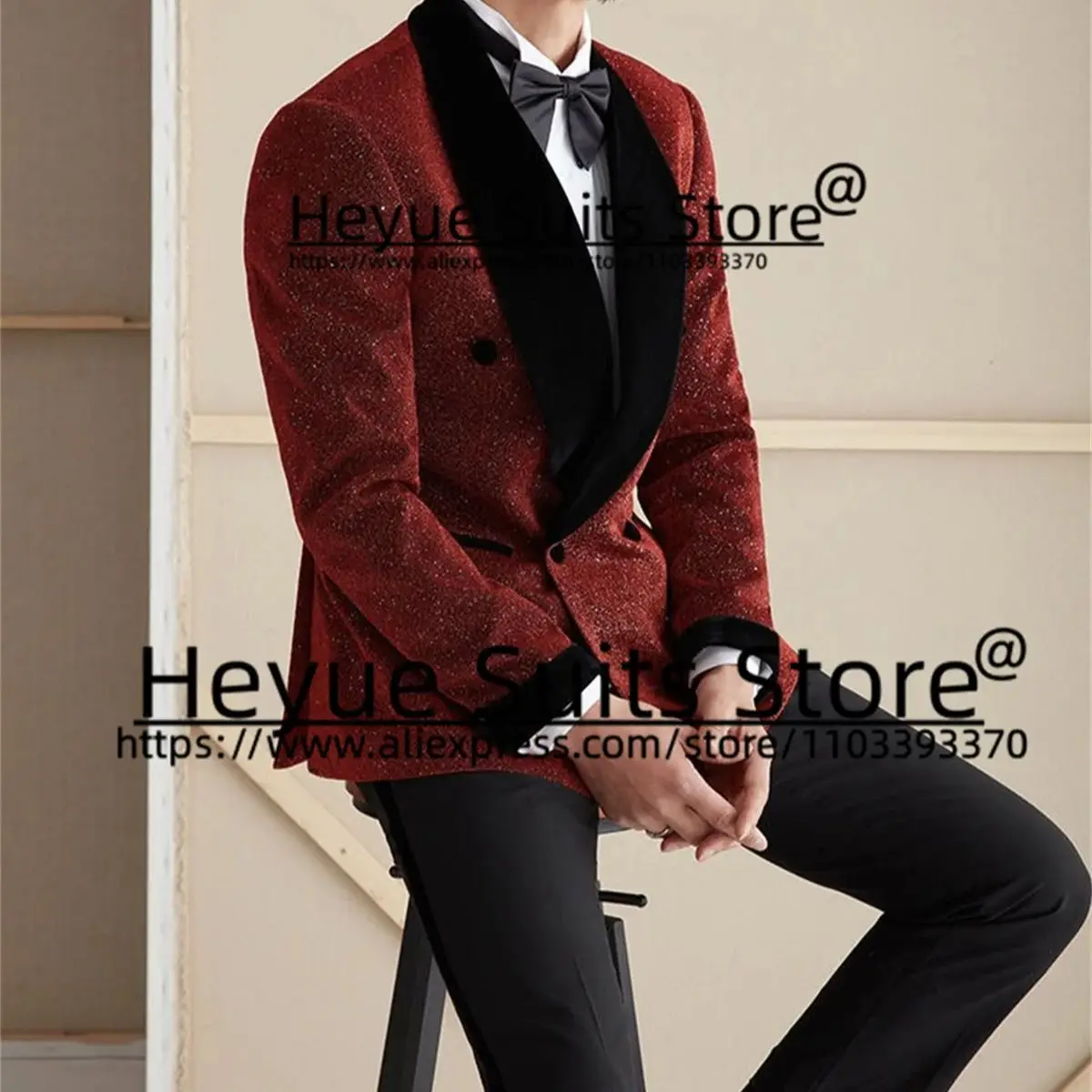 

Shiny Red Elegant Suit For Men Slim Fit Velvet Shawl Lapel Groom Formal Tuxedos Party 2 Pieces Sets Trajes Elegante Para Hombres