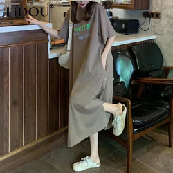 2023 Summer New Round Neck Short Sleeve Letter Printing Tshirt Dress Women Fashion Loose Casual Midi Dress Korean Style Robe