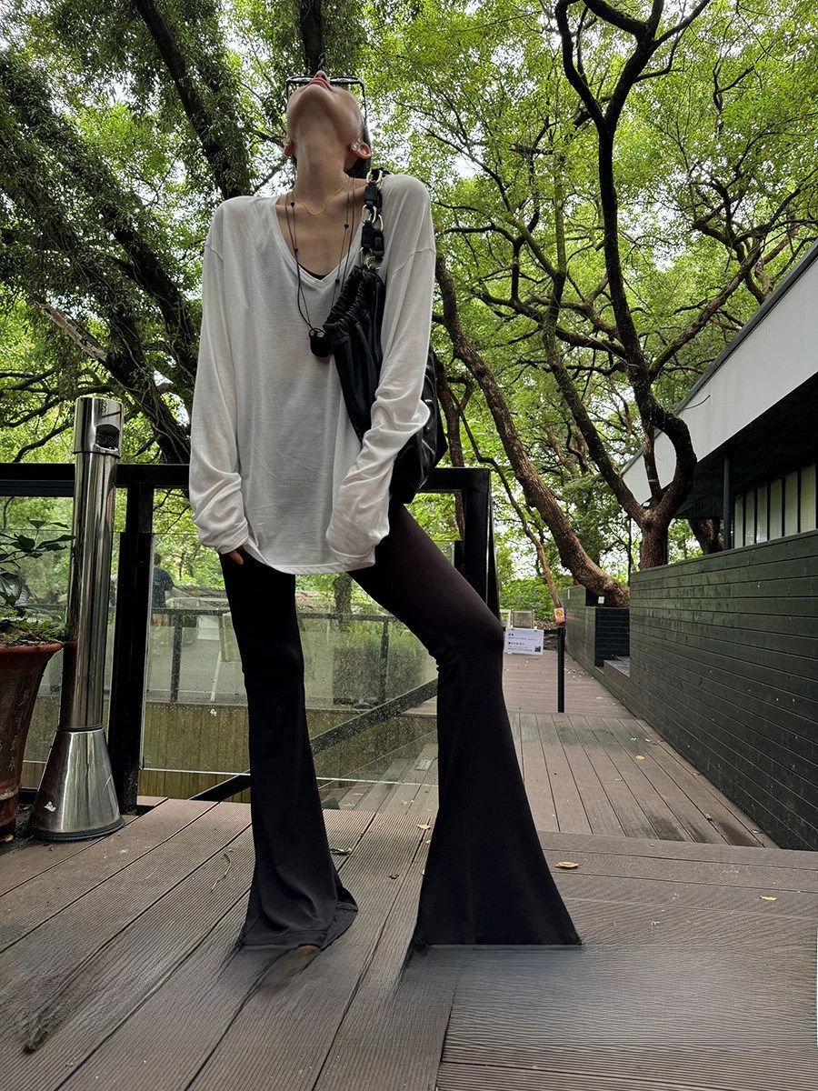 

JCCC Shadow Summer New Lightweight Slimming Long Pants Flared High Waist Polyester Fiber 91% Spandex 9% Ladies Casual Trousers