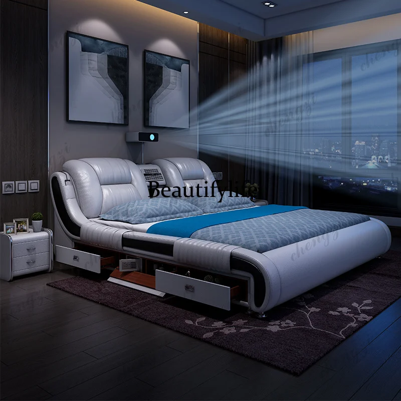 ZZZ Genuine Leather Bed Multifunctional Beds Ultimate Massage Camas with Bluetooth,Speaker,Safe,Air Cleaner,