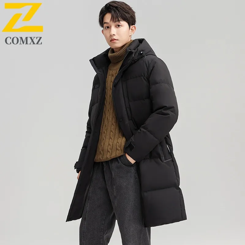 COMXZ Winter Lightweight Puffer Jacket Men Designer Thermal White Duck Down Filler Coat High Quality Ski Hooded Long Down Jacket