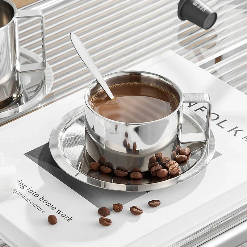 Nuove tazze da caffè in acciaio inossidabile con vassoio cucchiaio per mescolare doppia parete isolante tazza da tè al latte tazza d'acqua per uso domestico utensili da cucina