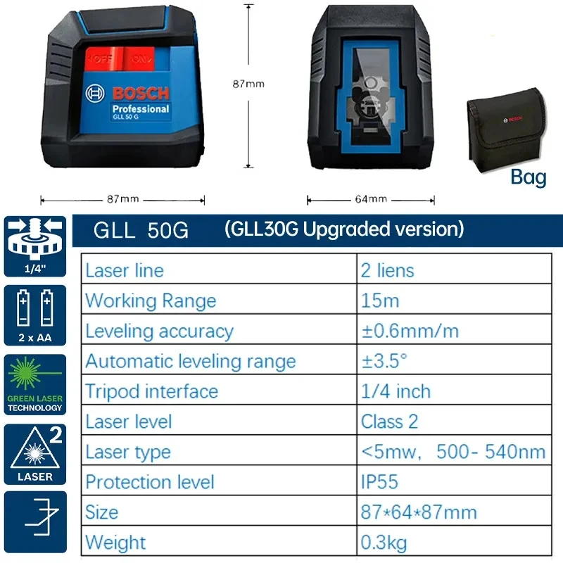 Bosch Line Laser GLL 50 G Green Laser Lines Marking Instrument Leveling Wiring Vertical and Horizontal Lines Precise Clear