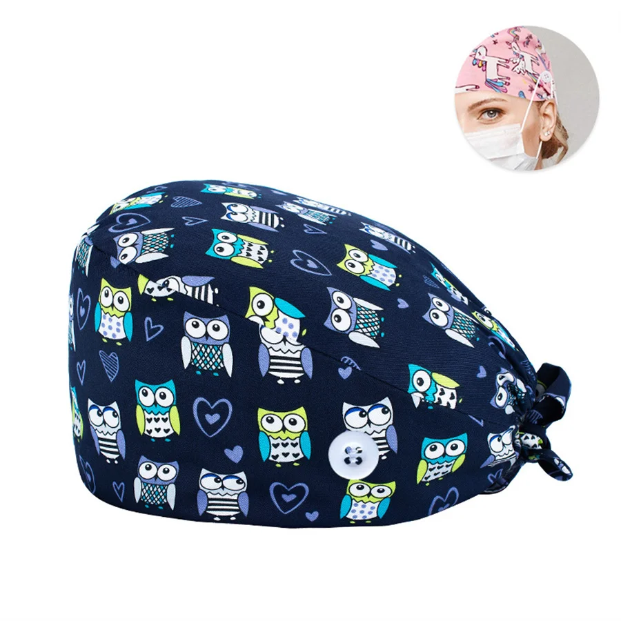 Fashionable Printed Cotton Work Cap - Elastic Nurse Turban Hat with Adjustable Button - Perfect for Surgical & Everyday Use