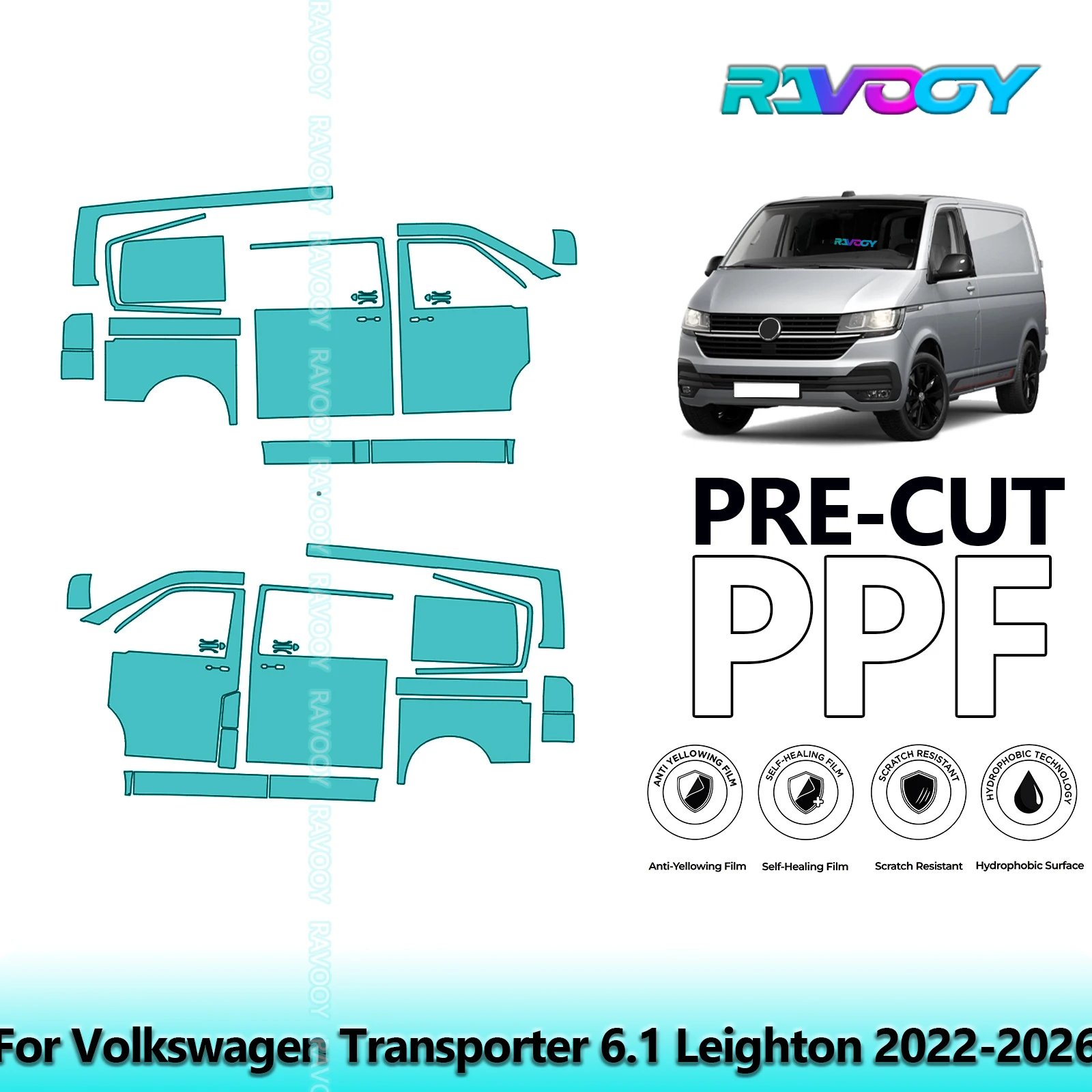 

For Volkswagen Transporter 6.1 Leighton 2022-2026 8.5mil Pre-Cut PPF Door & A/B Pillar Kit TPU Paint Protection Film Set