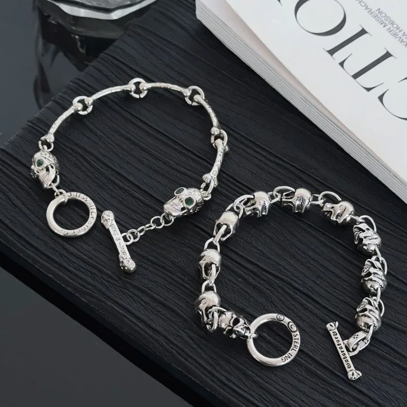 Vintage Carved Silver Plated Heavy Skull Bracelet, Unisex Retro Punk Stackable Wrist Jewelry, Ins Trend Design
