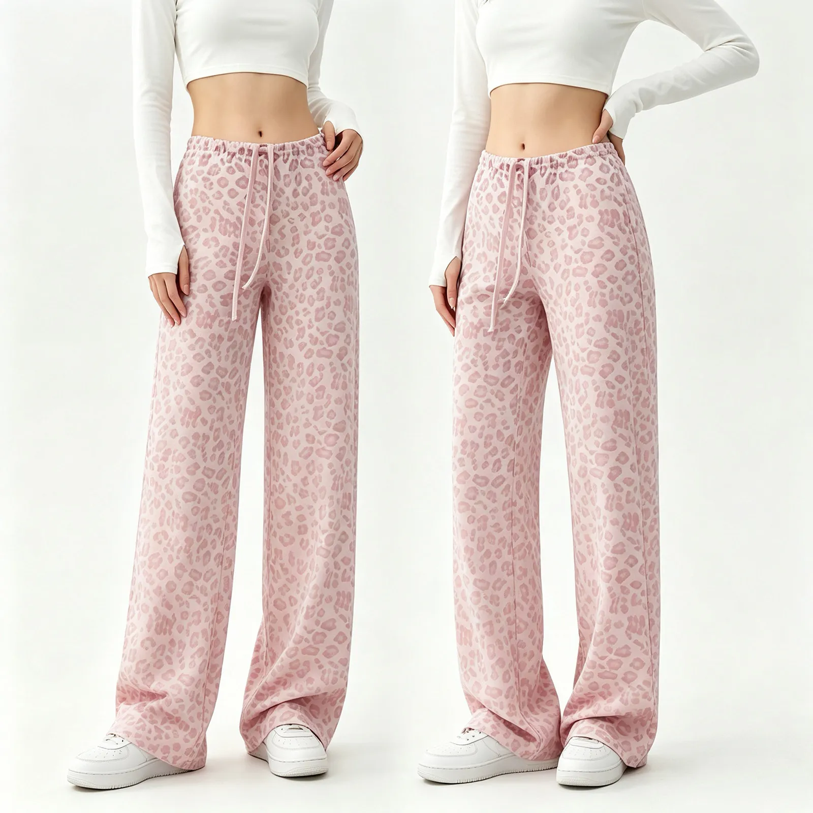 Women Leopard Print Straight Pants High Waist Loose Drape Sports Long Pants Fashion Casual Fitness Slim Wide Leg Yoga Pants