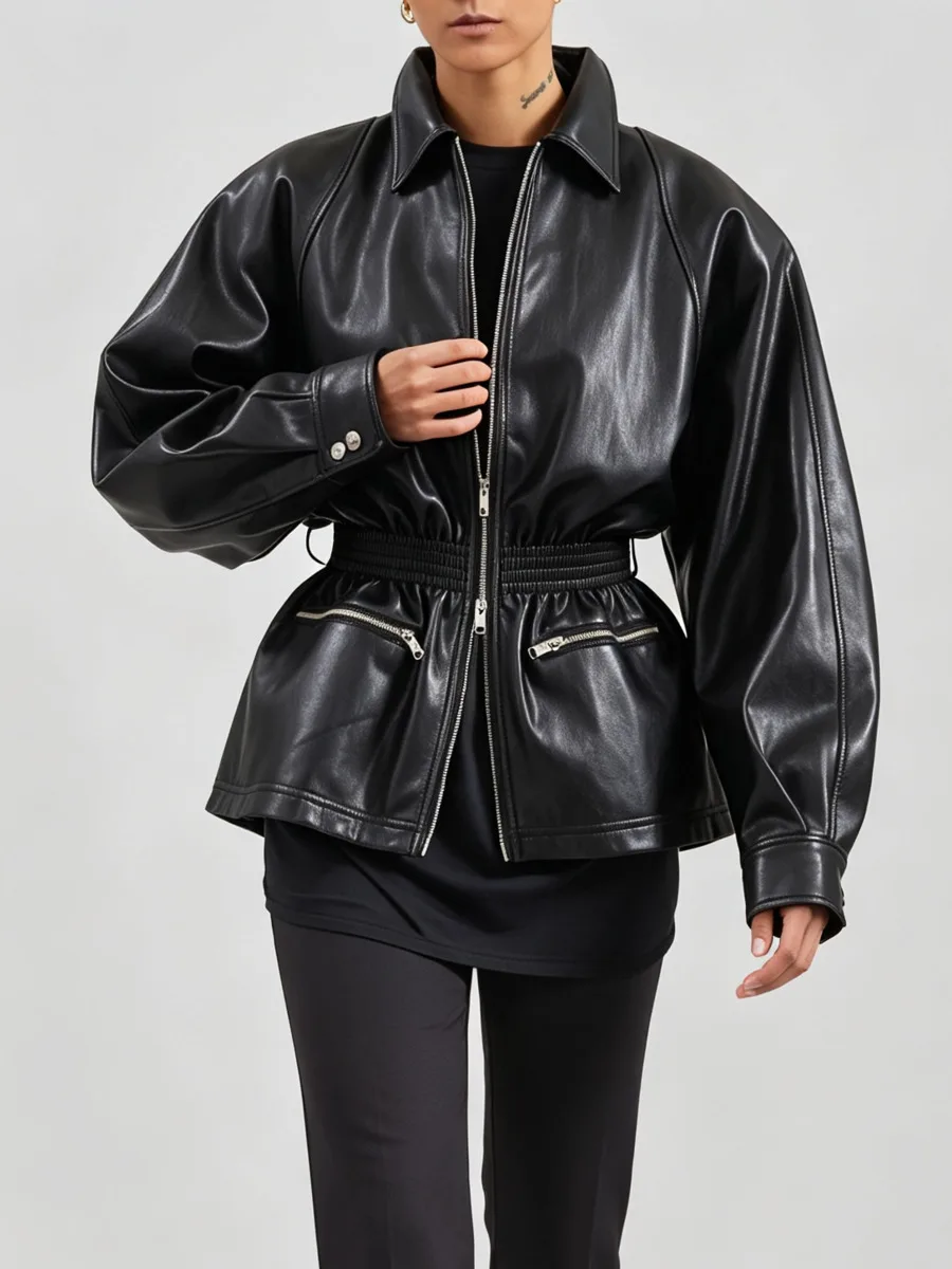 DFDG Women 2026 Spring Autumn Oversized Faux Leather Moto Jacket Lapel Collar Elastic Waist Zip Pocket Drop Shoulder Casual Coat