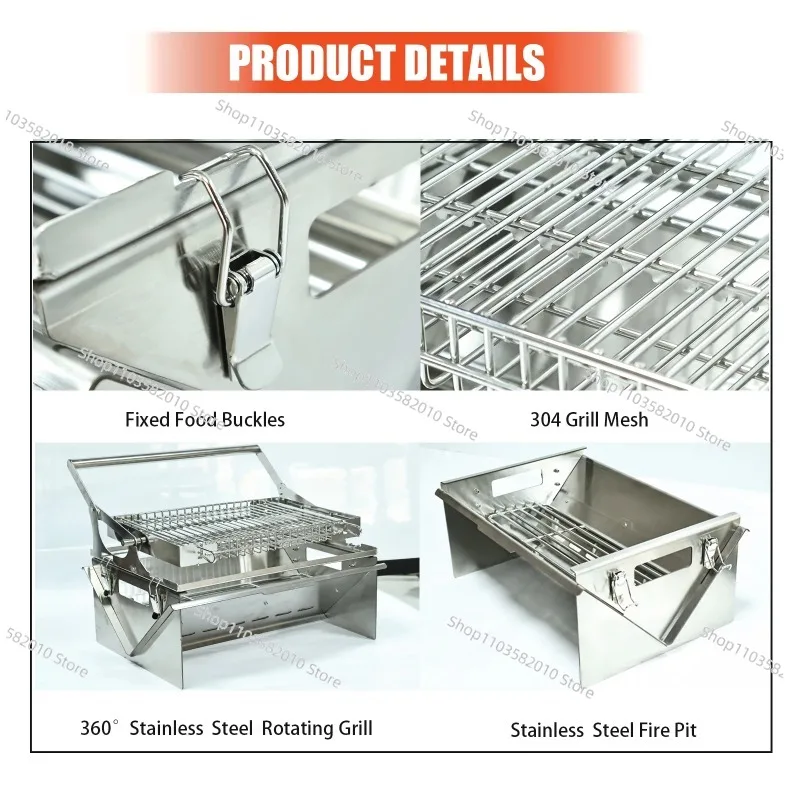 360° Rotatable BBQ Grill Stainless Steel Charcoal Grill Foldable Camping BBQ Grid with Handle