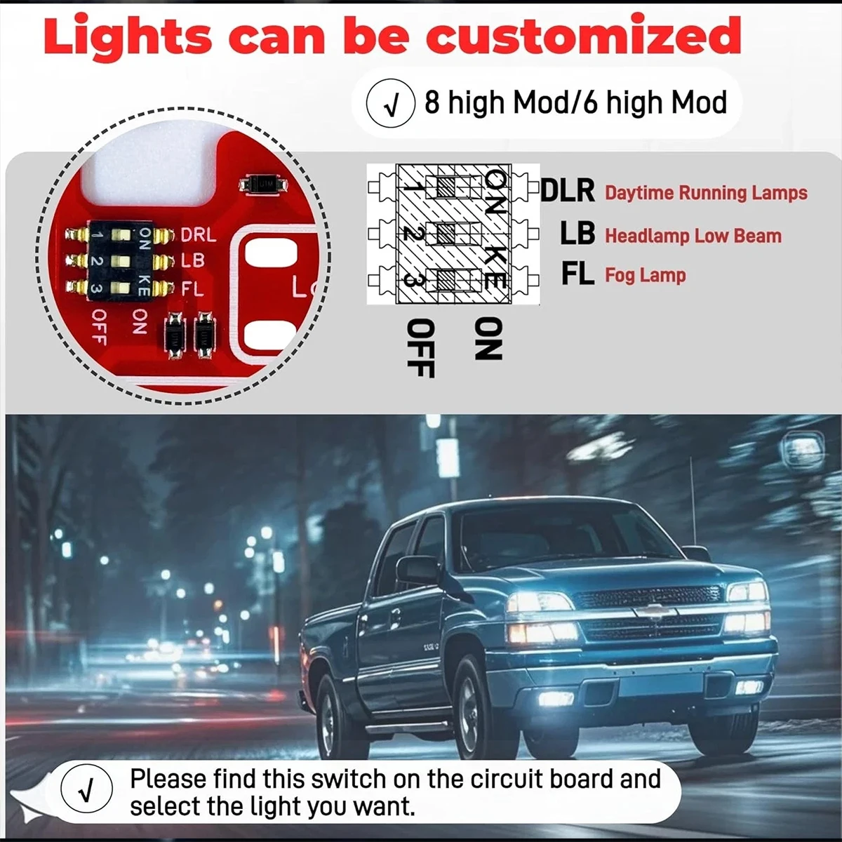 6/8 High Mode Custom Headlight Mod Wiring Kit Fit DRL Low Beam Fog Lamp Harness 2003-2007 Chevy Silverado GMC Sierra QRF043