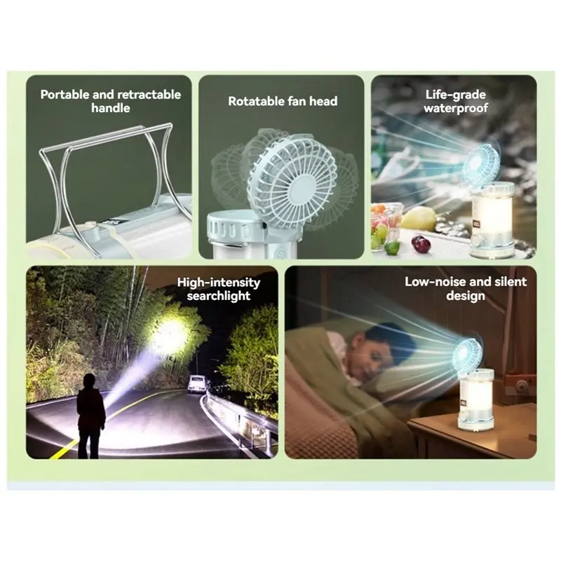ABVG-Portable LED Camping Fan Light USB Rechargeable Power Bank Spotlight Searchlight With Digital Display Outdoor Camping