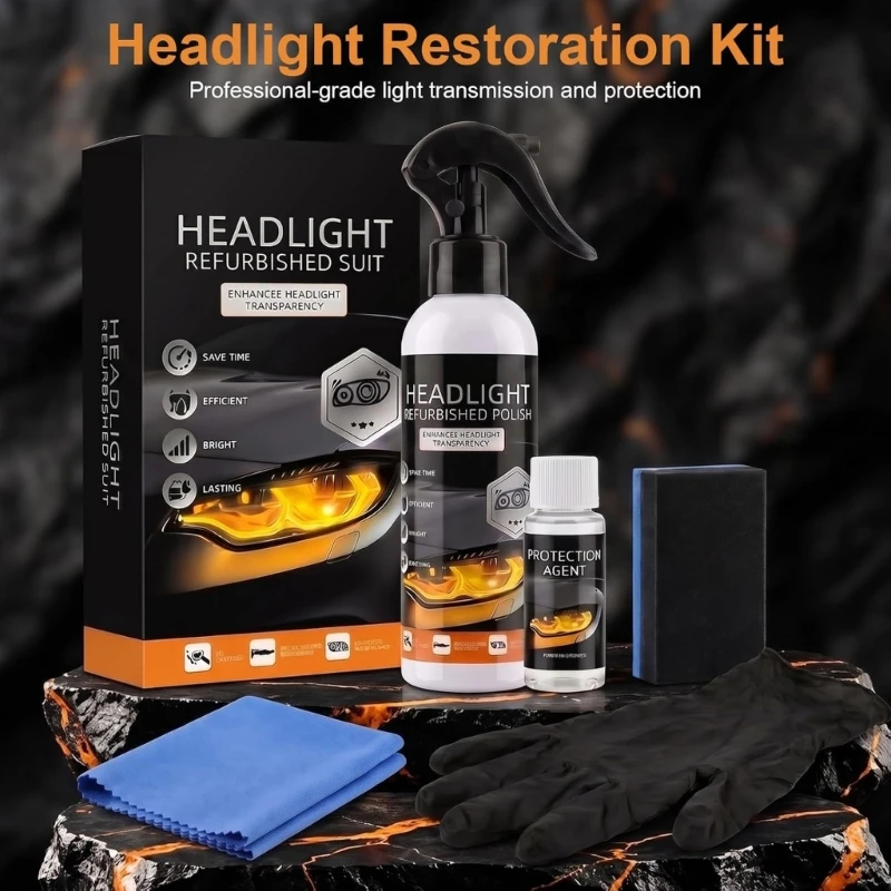 Headlight Lens Care with Restoration Liquid Protective Agent Sponge Cloth and Gloves for Cleaning Hazy Oxidized Car