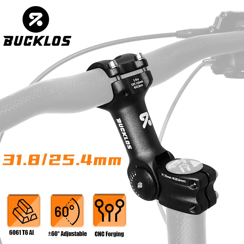 

BUCKLO Bike Stem Adjustable 60 Degree Bicycle Stem Riser 100mm/120mm/140mm Front Fork Stem for 25.4mm 31.8mm Handlebar Power