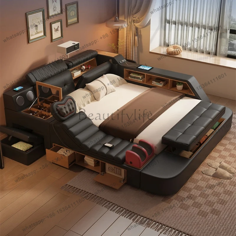Luxury Tech Smart Multifunctional Bed with Massage Chair, Bluetooth Speakers, Projector, USB – Modern Upholstered King Size Bed