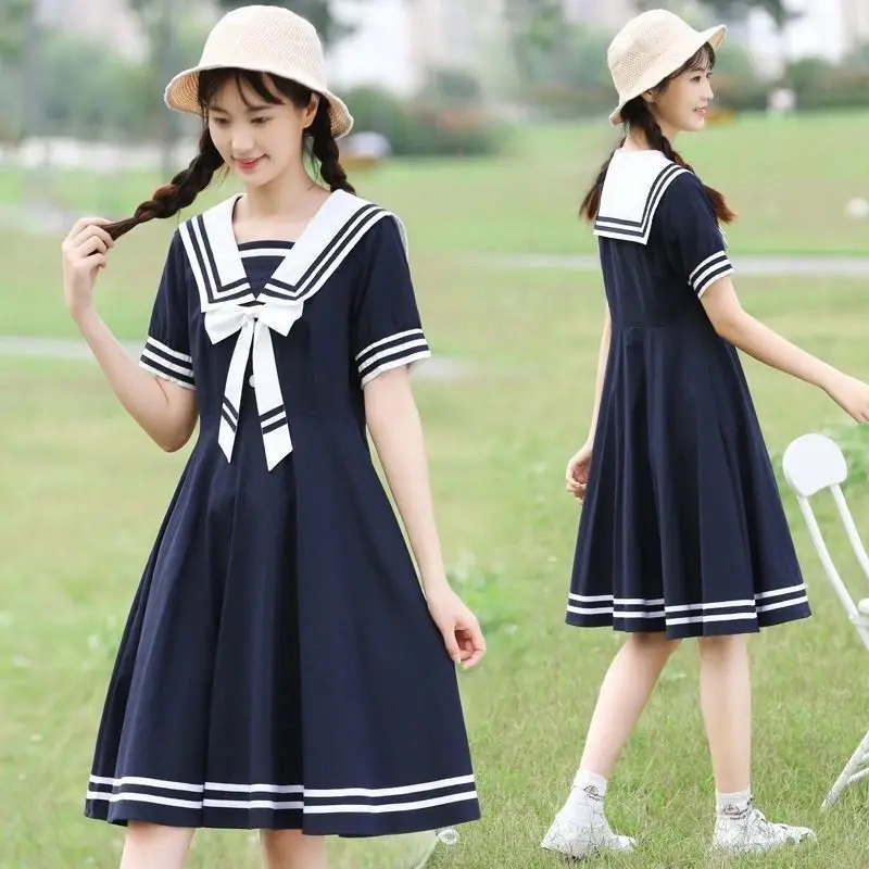 

MAGOGO Japanese Lolita Academy Style Pullover Navy Collar Button Bow Sweet Cute Fashion JK Dress Student Summer College Dress