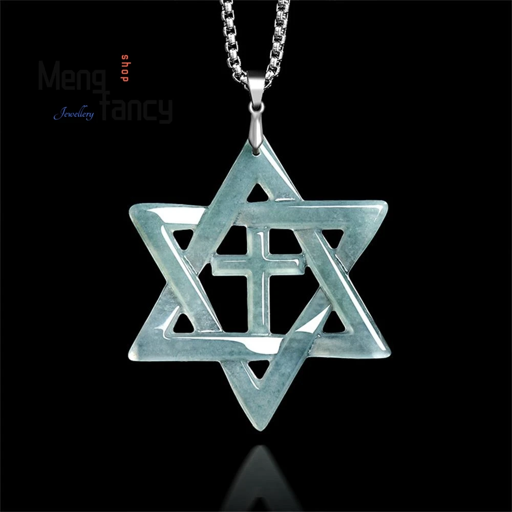 

Genuine Natural A-grade Jadeite Blue Water Hexagram Cross S925 Silver Jade Pendant Exquisite Couple Fashion Jewelry Holiday Gift