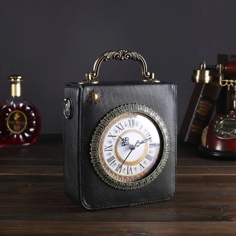 The New Creative Women's Bag Is a Retro Hand-Held Crossbody Bag with a Real Clock and Small Square Bag Embroidery