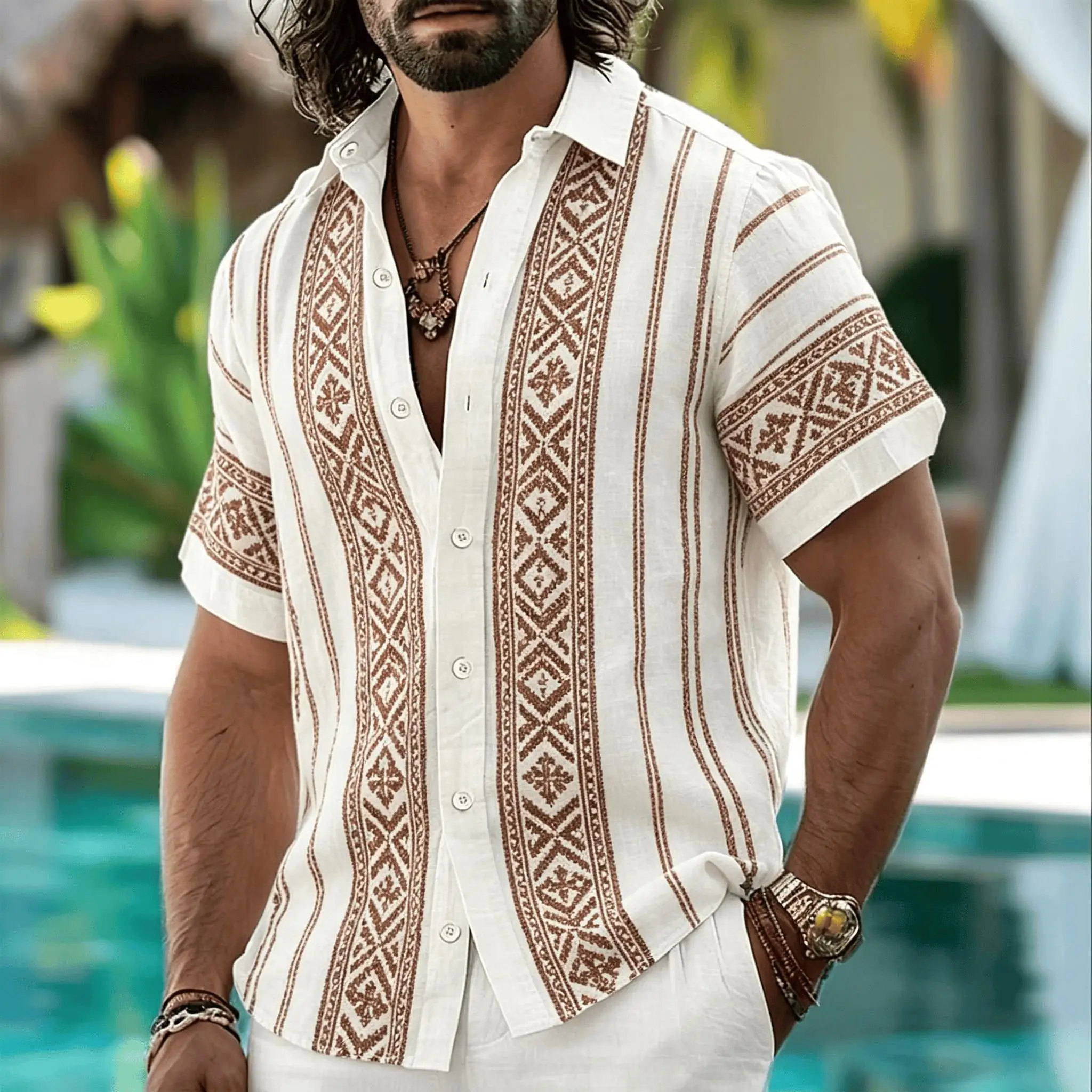 Men's Tribal Geometric Patterned Shirt, Bohemian Style, Casual For Spring And Summer