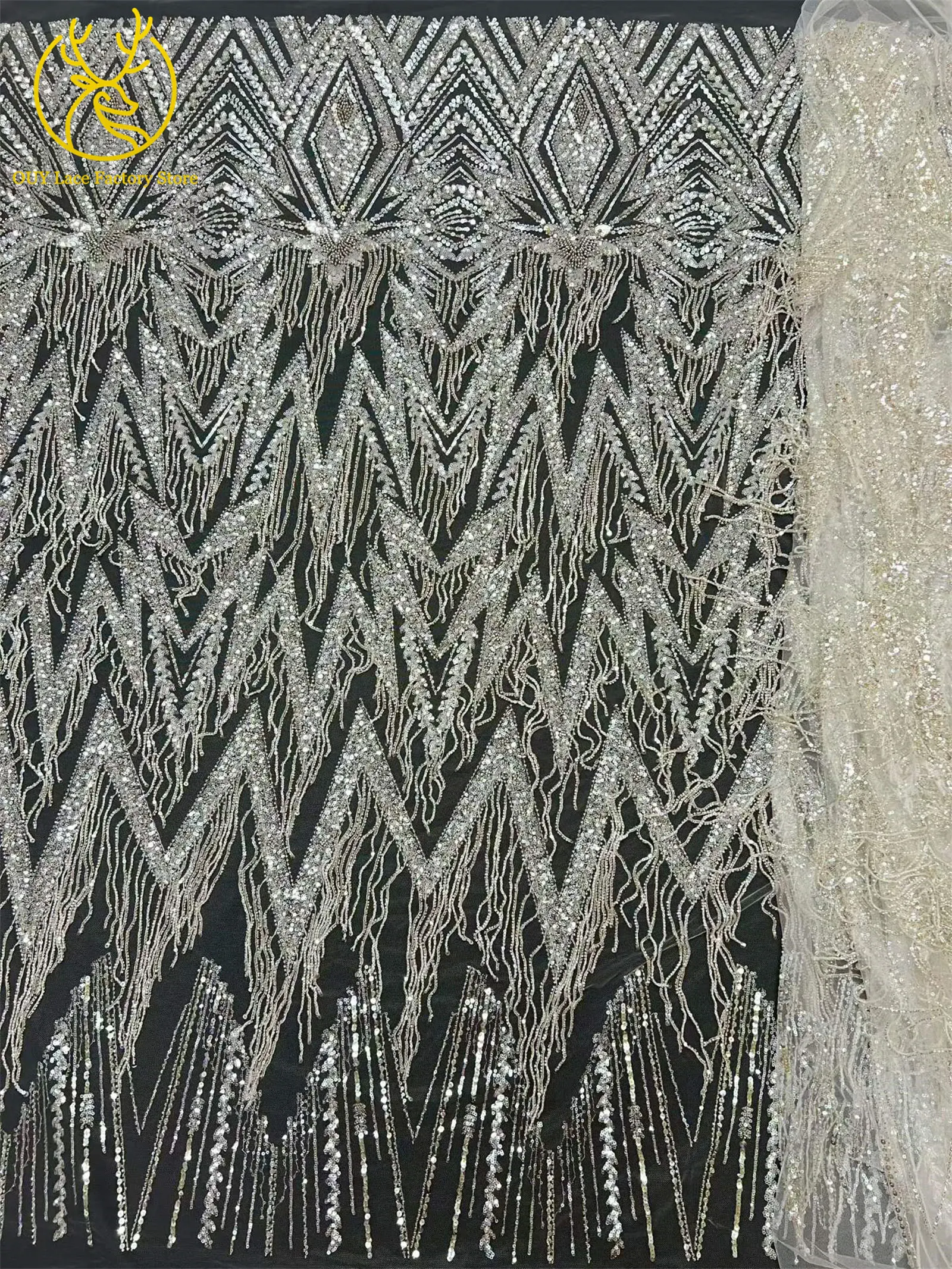 Luxuriöse französische goldene 3D-Hängeperlen-Spitze, hochwertiger afrikanischer Tüll-Pailletten-Spitzenstoff für nigerianische Hochzeitskleider zum Nähen – Detail 5