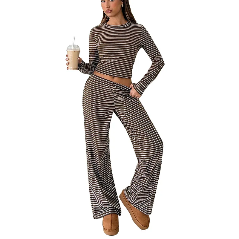 Striped Long-sleeved T-shirt Straight Trousers Set
