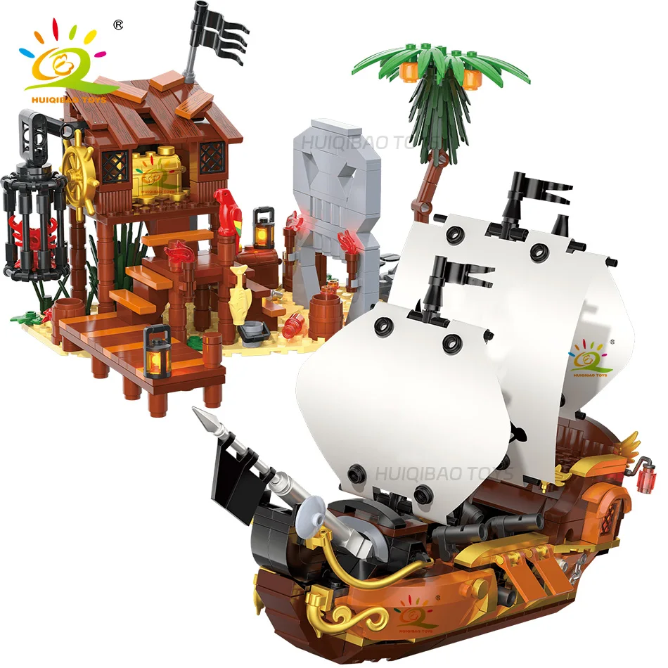 HUIQIBAO 726PCS DIY MINI Pirate Ship Island Model Building Blocks City Adventure Movies Assemble Bricks Toys for Children Gift