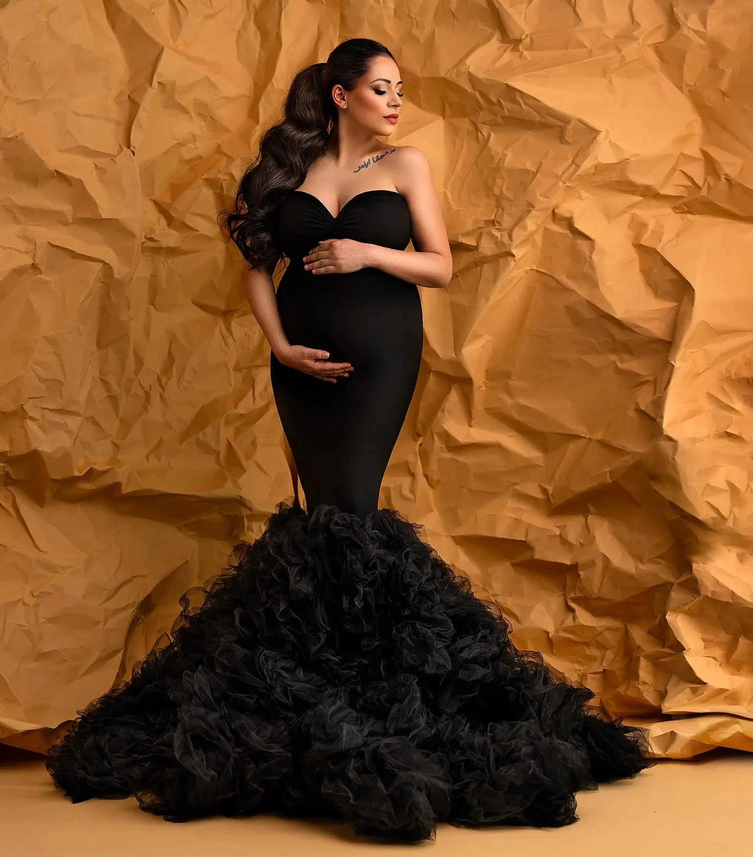 Glamorous Black Mermaid Maternity Dresses for photoshoot Pregnant Woman Babyshower Dress Ruffle Tulle Sweetheart Maternity Dress