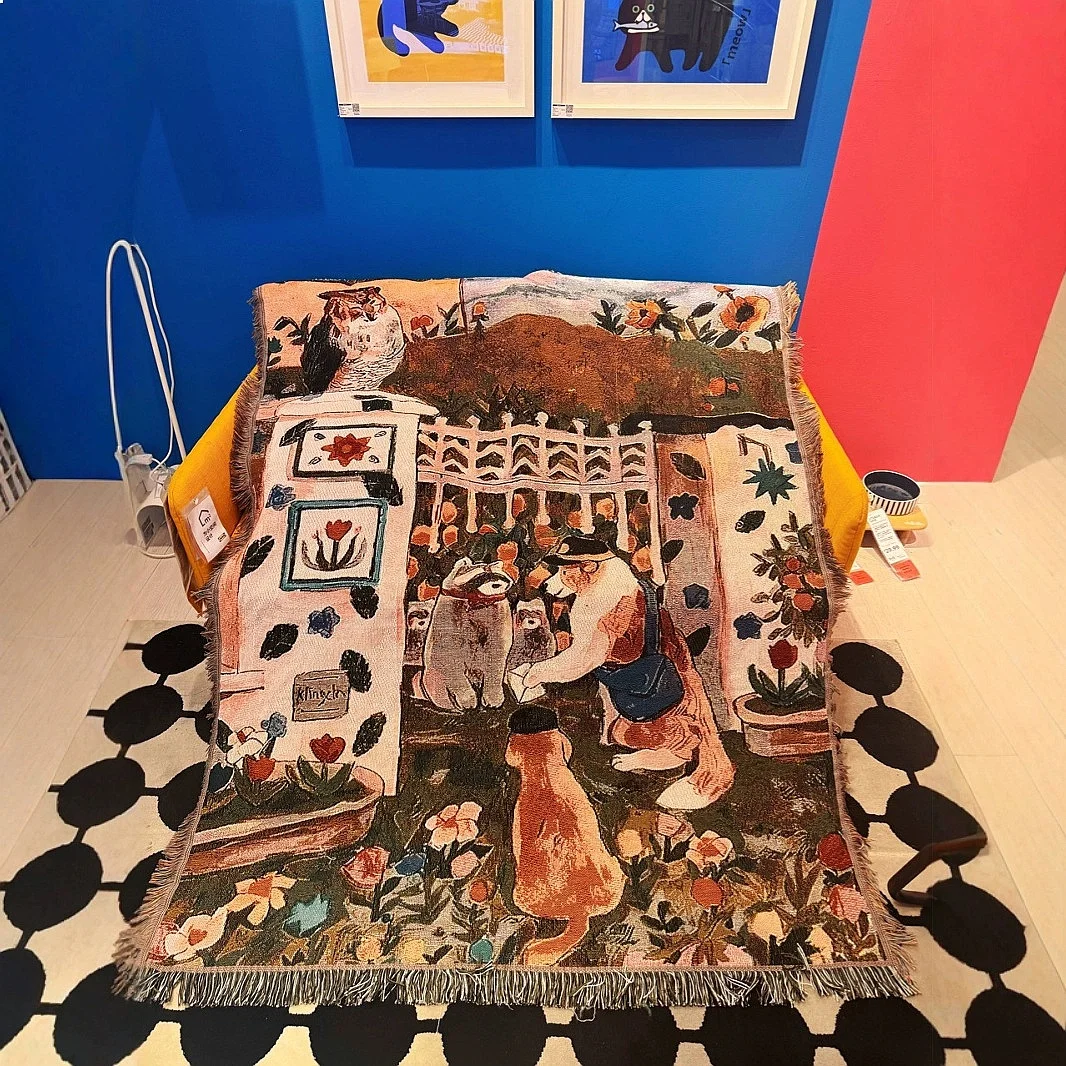 Cotton Woven Tapestry Hand-painted Sofa Cover Decorative Blanket with Tassel Postman Dog Pattern Carpet