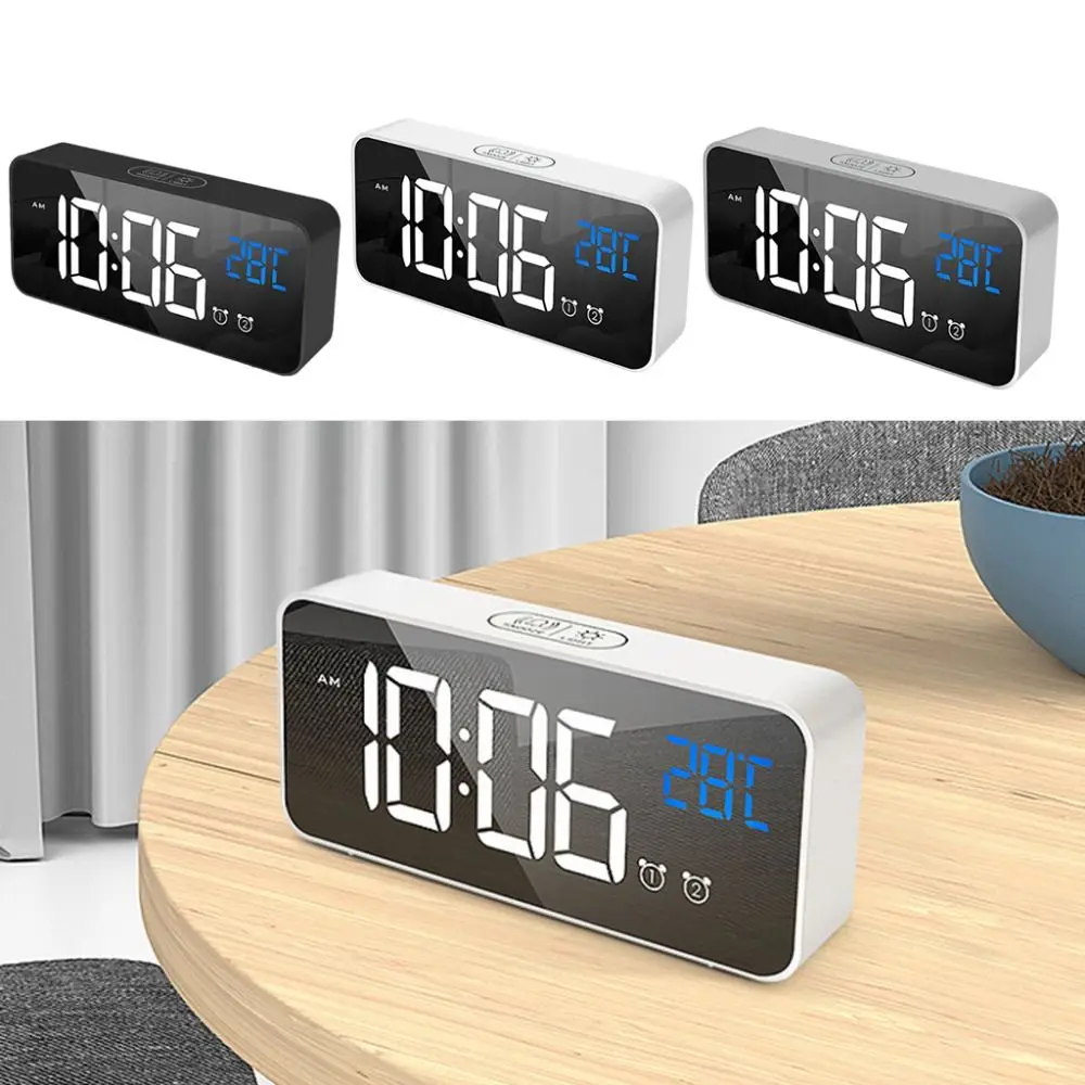 Mirror LED Digital Clock Voice Control Music Function Music Alarm Clock Temperature Display 2 Set Alarms Desk Clock Bedside Use