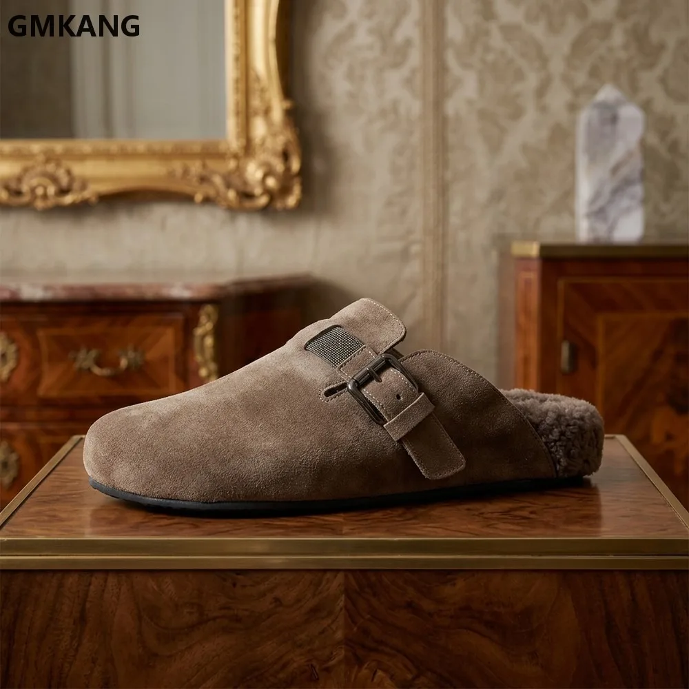 Women Suede Flat Mules Round Toe Slide Slippers with Bead Chain, Warm Wool Lined Comfortable Indoor Outdoor House