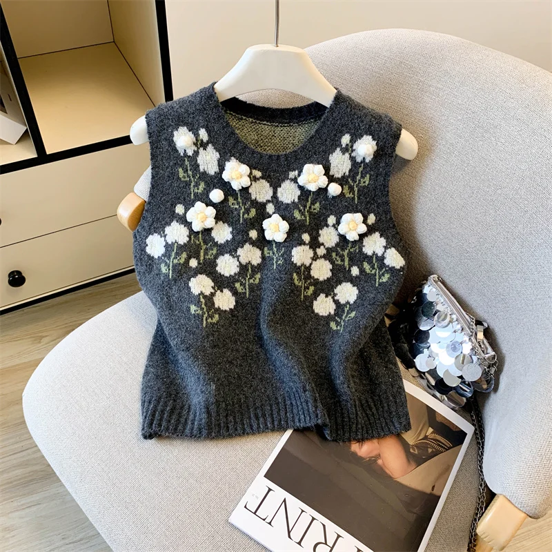MEXZT Vintage Floral Sweater Vest Women Harajuku Print Knitted Pullovers Waistcoat O Neck Knitwears Winter Sleeveless Jumpers