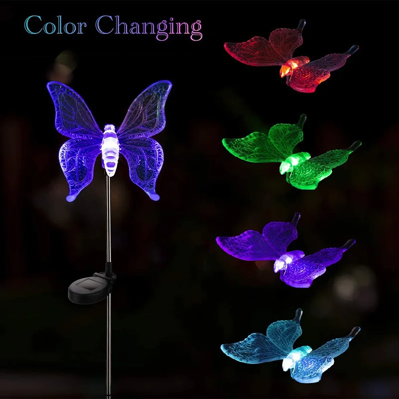 Led Solar Stake Lights Multi-Color Changing Dragonfly Butterfly Bird Lawn Lamps Outdoor Garden Yard Landscape Pathway Decoration