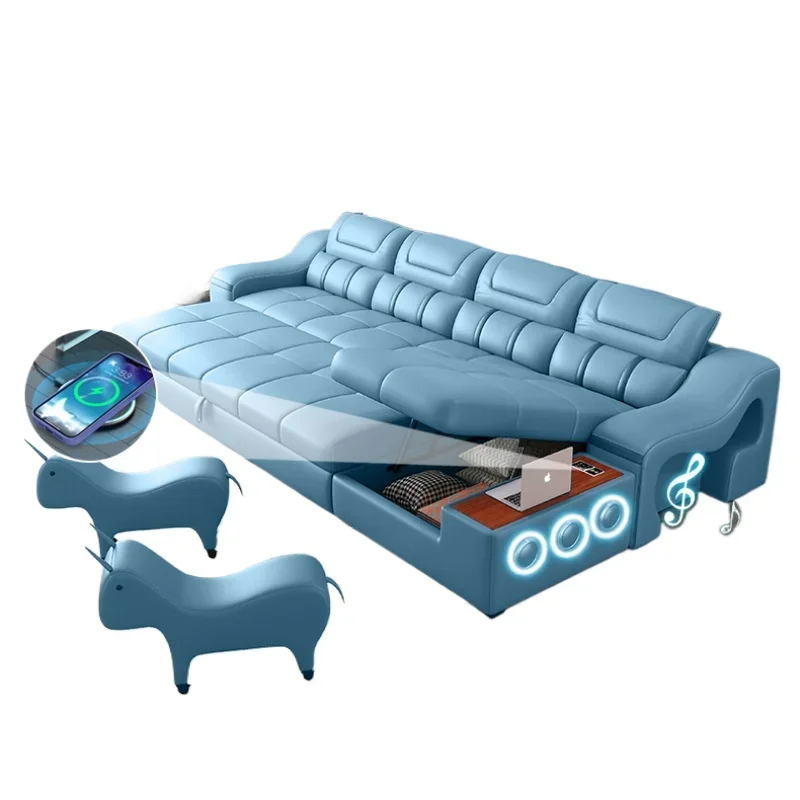 Three-person concubine storage sofa bed dual-purpose Italian intelligent function combination sofa storage