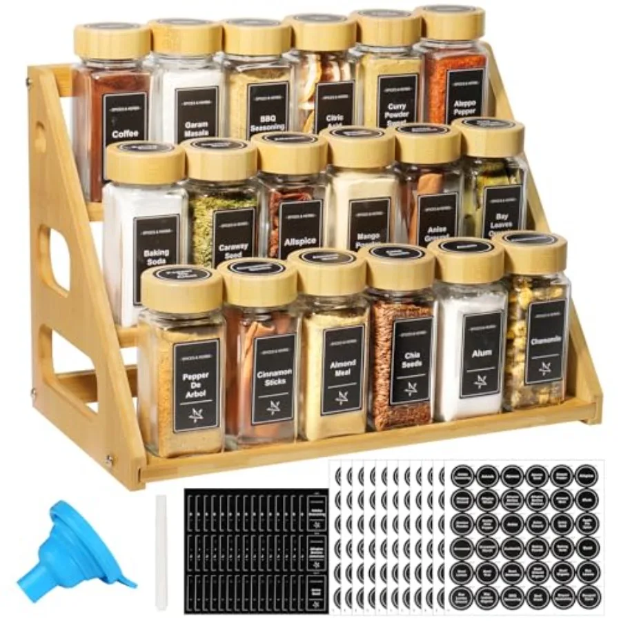 

3 Tier Bamboo Spice Rack Organizer with 18 Spice Jars, 780 Labels, Wood Shelf, Chalk Marker and Funnel Set for Cabinet Kitchen